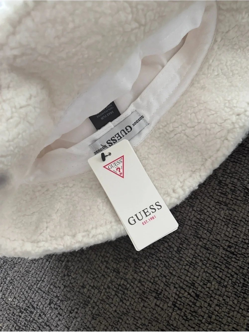 GUESS Cream Sherpa Bucket Hat with Triangle Logo